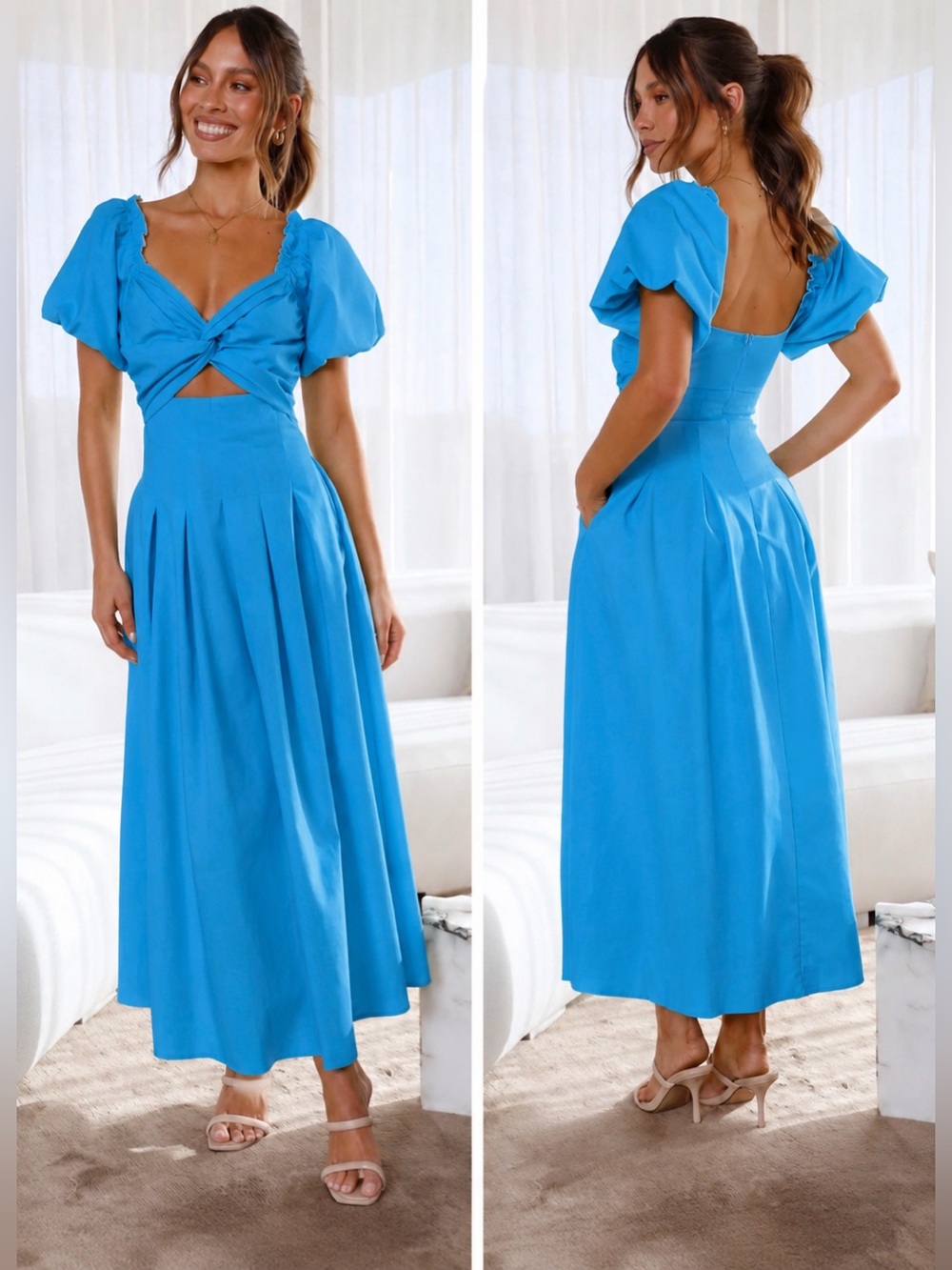 Billy J  Blue Puff Sleeve Midi Dress with Twist Front
